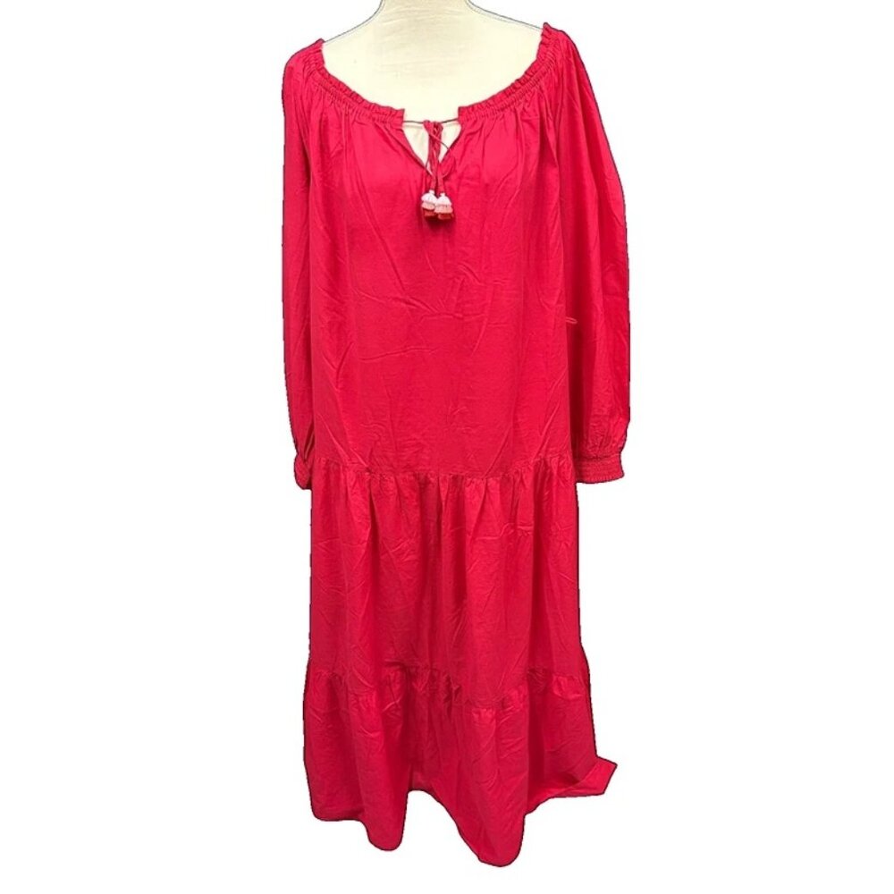 NWT Hale Bob Red Cotton Ruffle Tassel Tie‎ Long Sleeve Maxi Dress Size XL
